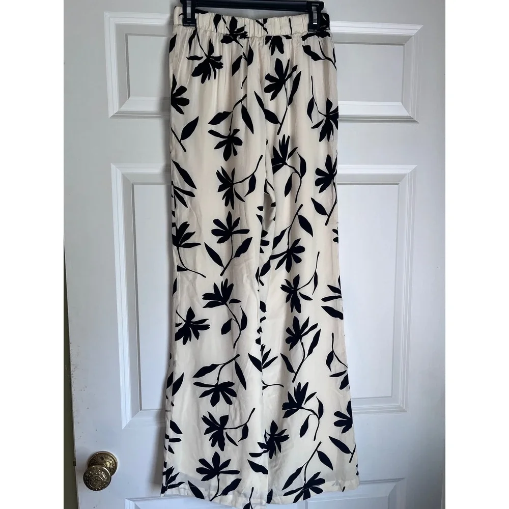 NWT Anine Bing Owen Cream Black Floral Wide Leg Elastic Waist Pants Small - Picture 9 of 9